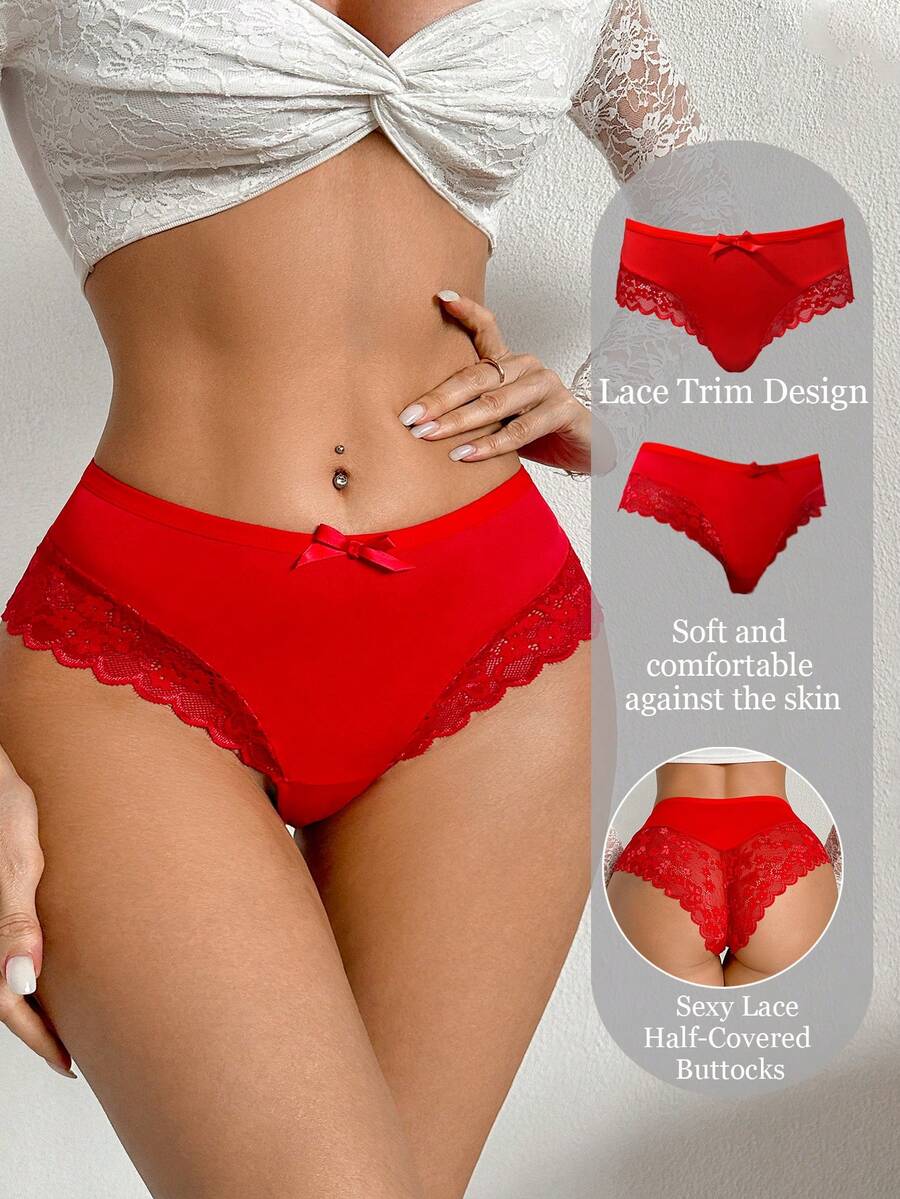 Valentine's Day Fashionable Lace Patchwork Panties - Red - View 1