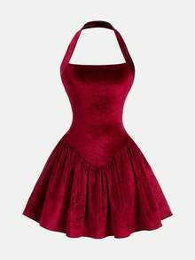 Girlism Teen Girls Knitted Spaghetti Strap Tight-Waisted A-Line Mini Dress, Valentine's Day Party Club Outfit - Burgundy - View 4