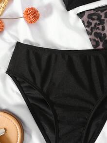 SHEIN Tween Girl 3pcs Set Solid Black Knitted Bikini Top & Leopard Print Skirt, Casual Beach Vacation Swimwear 3pcs Set, Beach Wear, Swimwear, For Vacation & Holiday Summer Beach Outfit - Black - View 9