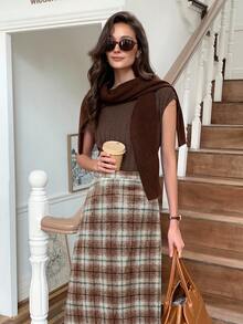 Elyressa Plaid Wool A-Line Waist Flared Casual Skirt For Women - Khaki - View 6
