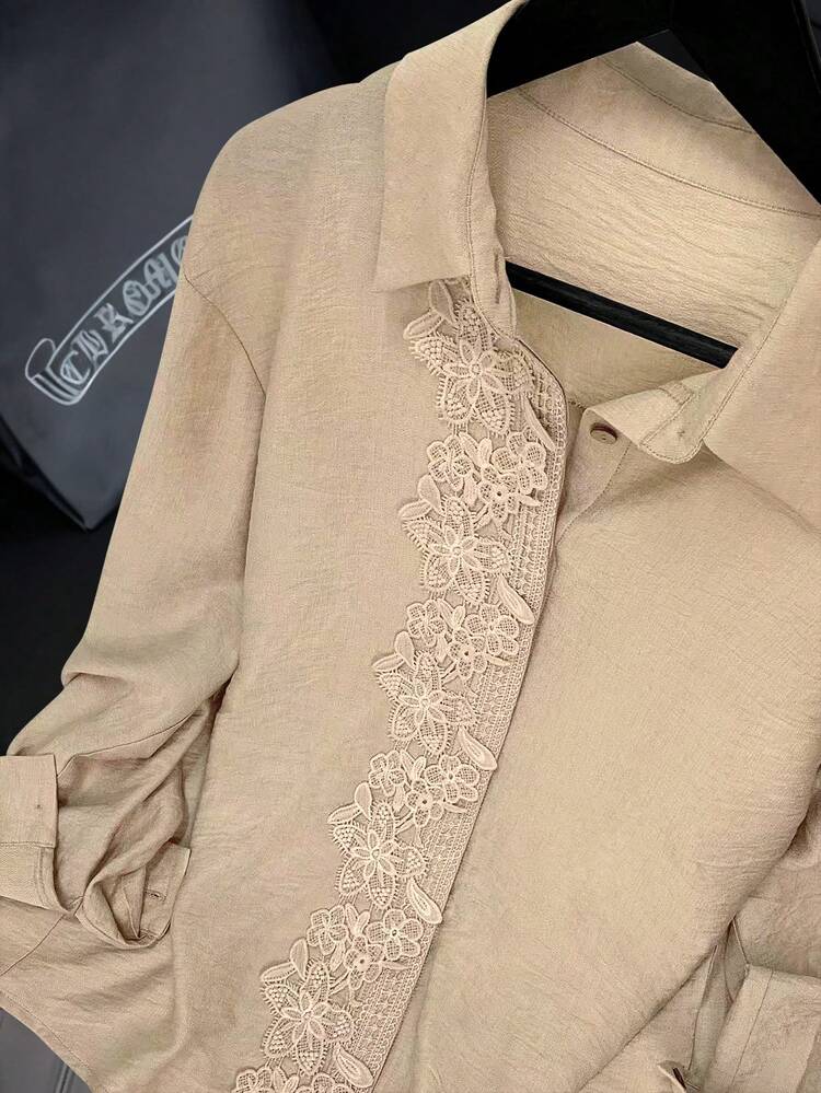 Camisa casual de manga longa, gola redonda, de ajuste folgado, em tecido de renda trançada na cor pêssego, para o outono-inverno, para mulheres - Damasco - Visão 3