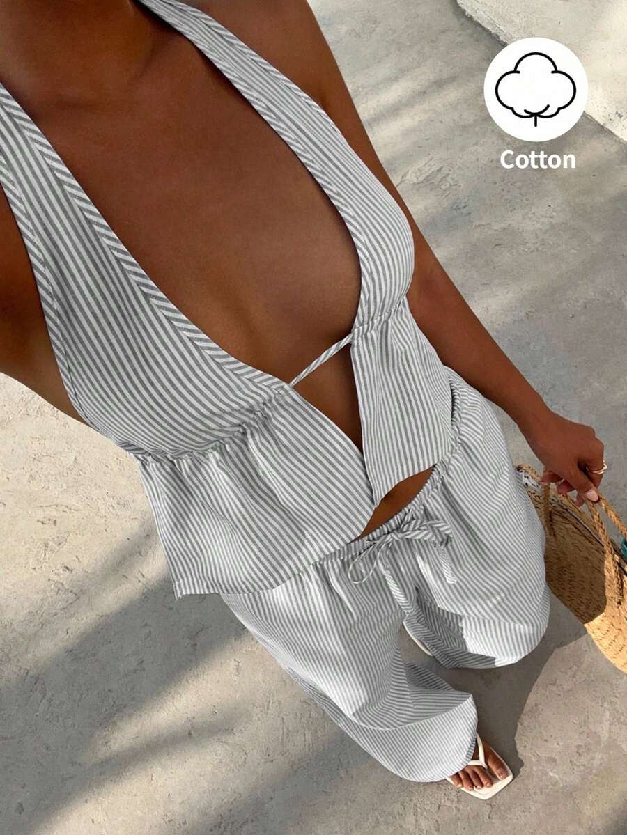 SHEIN Unity 2 件套女式蓝白条纹 V 领露背吊带上衣和高腰抽绳阔腿裤，棉质，时尚休闲装，春夏 - 灰色 - 查看 1