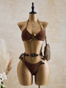 Swim Vcay سراويل بيكيني شاطئية للنساء صيف 2026، قماش خاص بالنساء شبكي مربعات مموج مزين بخرز، قطعة سفلية لبيكيني لاتيني بني للعطلات والشواطئ، بيكينيات شاطئية للنساء صيف 2026 أنيقة وكاجوال للعطلات الصيفية - متعدد الألوان - مشاهدة 7