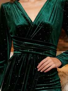 Balvessa V-Neck Velvet Twist Knot Long Sleeve Bodycon Dress,Outfit Fall Cloth For Women - Dark Green - View 4