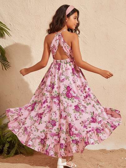 Travachic KIDS Travachic KIDS Tween Girl Back-Tie Sleeveless Floral Print Dress For Resort Vacation Holiday Outfits