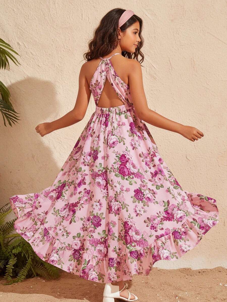 Travachic KIDS Travachic KIDS Tween Girl Back-Tie Sleeveless Floral Print Dress For Resort Vacation Holiday Outfits - Pink - View 1