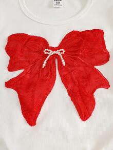 Genkimix Kids Tween Girls Red Christmas Bow Lace Short Sleeve Tee And Long Sweatpants Set With Bowtie Details Polyester - Red - View 8