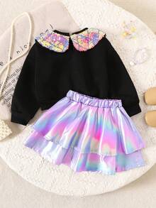 Leap Crew Sweet & Cute Sequin Collar Long Sleeve Sweatshirt And Mini Skirt Set,Autumn,7th Birthday,Back To School,Party,Wedding,Flower Girl,Children Casual Wear - Black - View 2