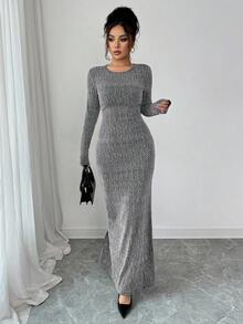 Elenzga Women's Rhinestone Embellished Fitted Long Dress - Silver - View 8