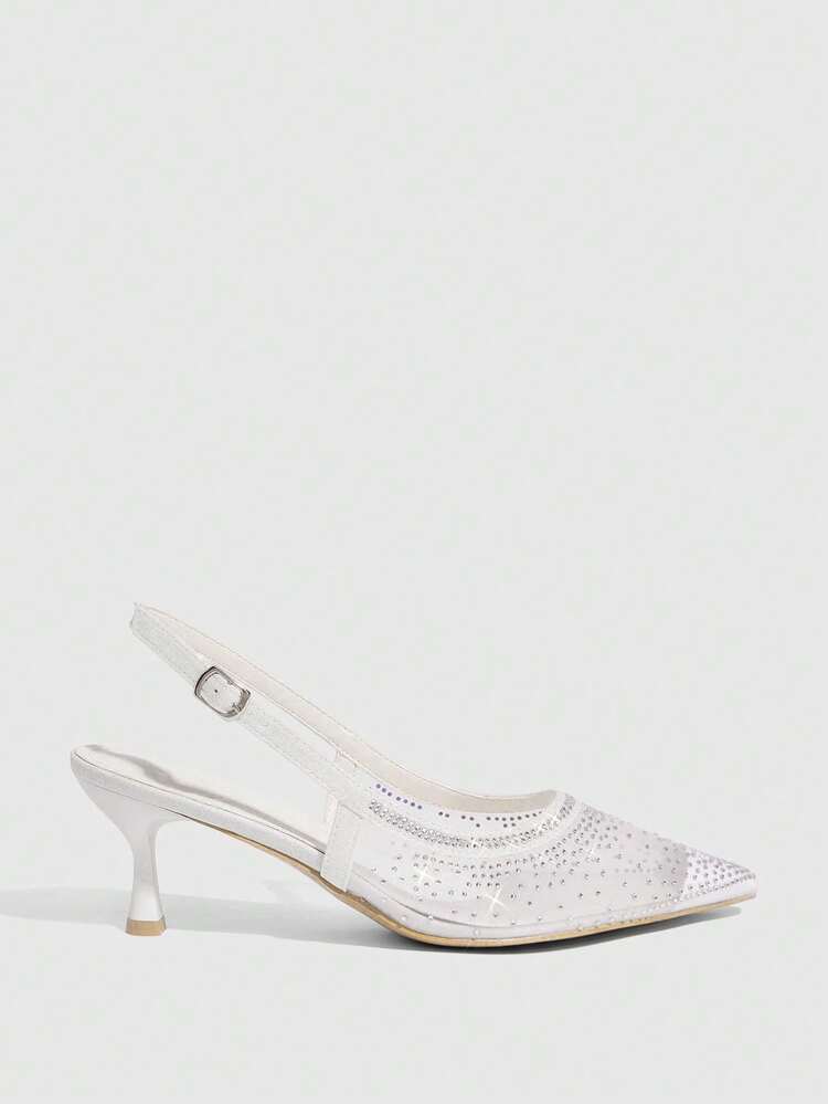 CUCCOO SZL Women's Fashionable Pointed Toe Silver Mesh Rhinestone Embellished Formal Party Stiletto Heel Slingback Pumps For Christmas