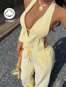Sunnyshic 2pcs Women Blue & White Striped Suit: Cotton Deep V-Neck Backless Halter Top And High Waist Drawstring Wide Leg Pants, Fashion Casual Vacation Everyday Outfit, Spring/Summer - Yellow - View 1