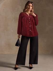 Elegantrix Women's Polka Dot Lace Decor Casual/Work Shirt, Autumn/Winter - Red and White - View 5