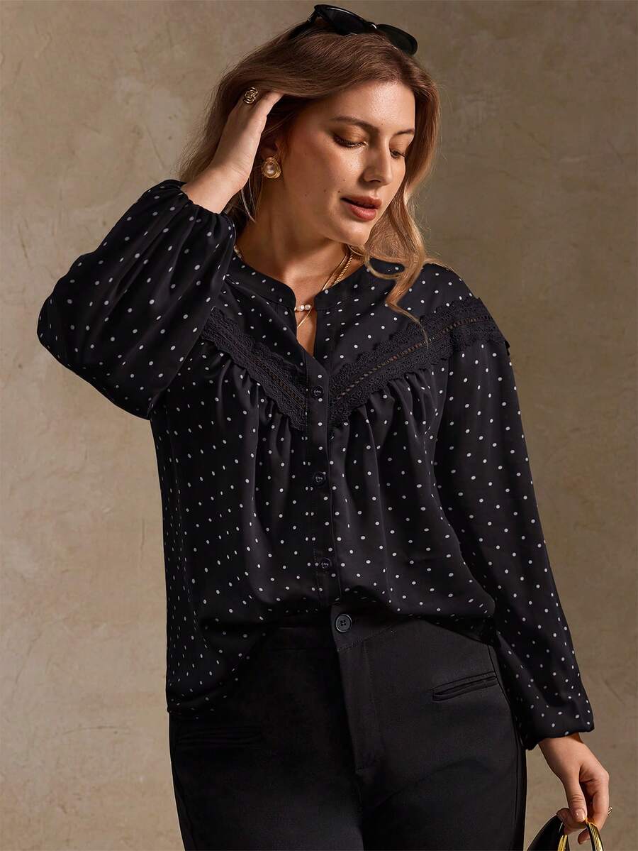 SHEIN LUNE Áo sơ mi ren chấm bi nữ, phù hợp đi làm và hẹn hò, mùa thu/đông - Đen và trắng - Xem 1