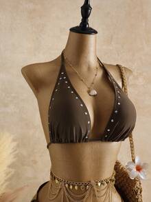 Bellisia Bộ bikini cổ chữ V đính đinh tán màu nâu dành cho nữ - Cà phê nâu - Xem 5