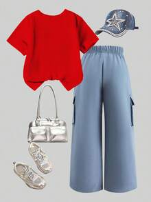 SHEIN ChillGRL 2 pièces/Set T-shirt décontracté et pantalon cargo pour préadolescentes, T-shirt à manches courtes col rond avec motif brodé en forme de nœud et pantalon, tenue à la mode pour le printemps/été - Rouge - Voir 2