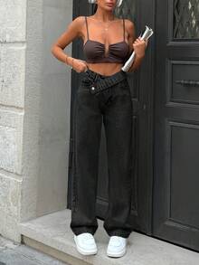 SHEIN Tall 100%Cotton Women's Mid-Blue Straight-Leg Jeans With Slanted Belt Loops And Pockets - Grey - View 5