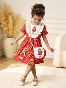 Cute Baby Girl Red And White Digital Print Dress With Elastic Cuff Short Sleeves,Summer Birthday Party Festive Outfits For Spring/Autumn Everyday - White - View 3