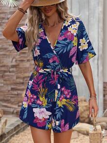 Breezaya Tropical Print Butterfly Sleeve Belted Romper - Blue - View 6
