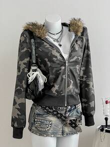 Elamini Women's Olive Green Camouflage Print Faux Fur Collar Splice Long Sleeve Slim Zip-Up Hooded Sweatshirt, Casual Autumn/Winter Wear, Suitable For School, Graduation, Commuting, Leisure And Home - Army Green - View 3