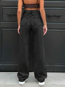 SHEIN Tall 100%Cotton Women's Mid-Blue Straight-Leg Jeans With Slanted Belt Loops And Pockets - Grey - View 2