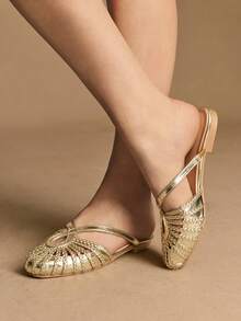 Rosivie Sandalias planas romanas tejidas a mano para mujer, con cierre deslizante y punta cerrada, adecuadas para fiestas, eventos, festivales, discotecas, zapatos planos sexy para otoño - Dorado - Ver 2