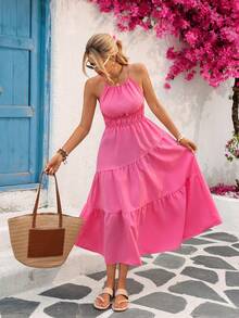 Vivid Eden Đầm Buộc lại màu trơn Giải trí - Màu Hồng Tươi - Xem 3