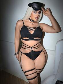 SHEIN 4件套时尚编织吊带性感内衣套装 - 黑色 - 查看 4
