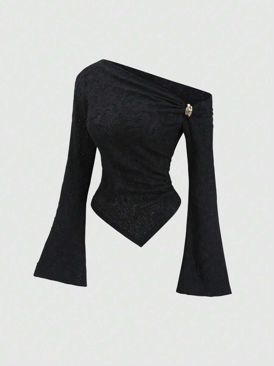 Sweetra Sexy Asymmetric Shoulder Textured Fabric Asymmetrical Hem Casual Top - Black - View 1