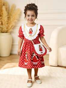 Cute Baby Girl Red And White Digital Print Dress With Elastic Cuff Short Sleeves,Summer Birthday Party Festive Outfits For Spring/Autumn Everyday - White - View 7