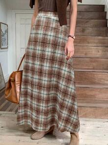 Elyressa Plaid Wool A-Line Waist Flared Casual Skirt For Women - Khaki - View 1