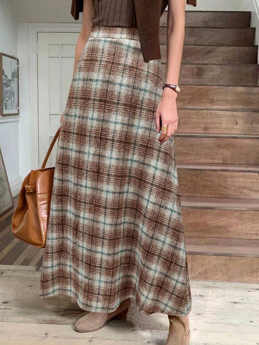 Elyressa Plaid Wool A-Line Waist Flared Casual Skirt For Women - Khaki - View 1