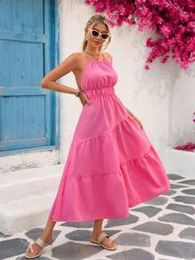 Vivid Eden Đầm Buộc lại màu trơn Giải trí - Màu Hồng Tươi - Xem 4