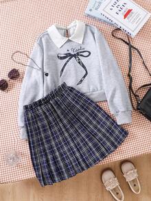 2pcs/Set Tween Girls Pink And White,Autumn,Cute,School,Back-To-School Cookie Bow Decor Outfit,Light Gray Collared Sweatshirt & Plaid Pleated Skirt - Royal Blue - View 5