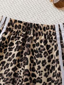 SHEIN Young Girl Mommy Matching Casual All-Match Versatile Commute Daily Vintage American Sporty Leopard Print White Contrast Color Ribbon Bow Loose Straight Leg Pants,Holiday,Summer,Travel