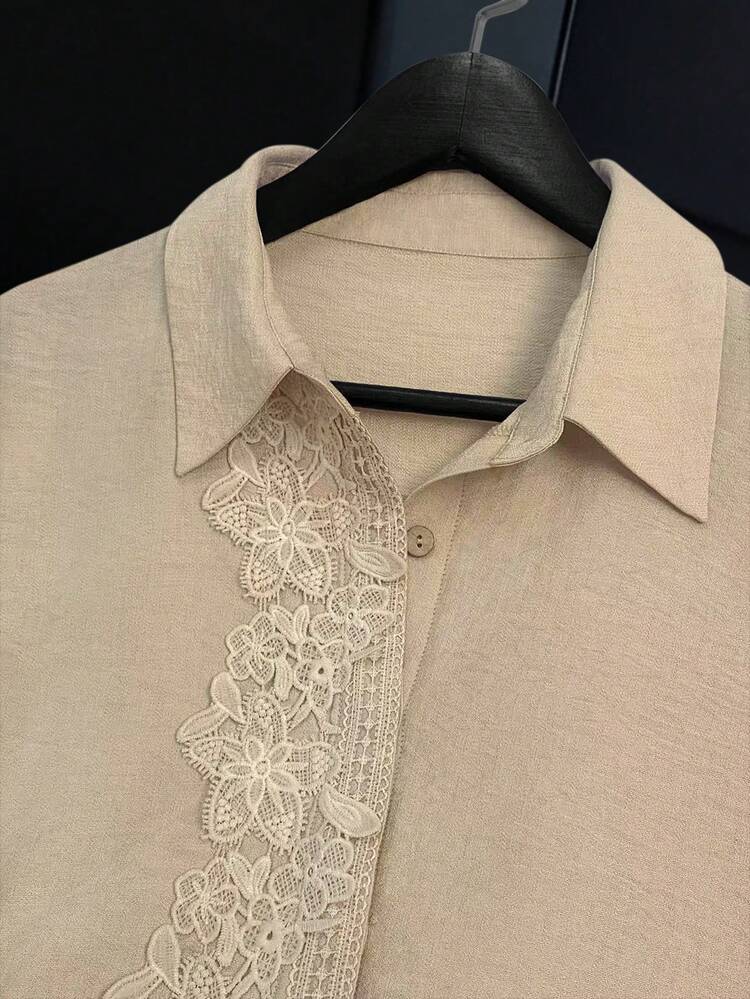 Camisa casual de manga longa, gola redonda, de ajuste folgado, em tecido de renda trançada na cor pêssego, para o outono-inverno, para mulheres - Damasco - Visão 7