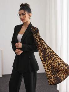 Modelyn 女士豹纹拼接设计优雅修身黑色西装外套 - 黑色 - 查看 6