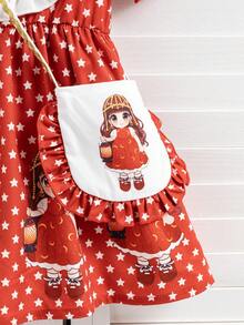 Cute Baby Girl Red And White Digital Print Dress With Elastic Cuff Short Sleeves,Summer Birthday Party Festive Outfits For Spring/Autumn Everyday - White - View 4