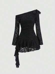 Sweetra Y2K Sexy Lace Asymmetric Shoulder Asymmetrical Hem Dress