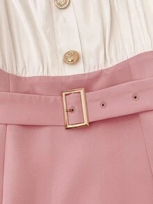 Franclia 女士优雅通勤拼色灯笼袖连衣裙 - 粉色 - 查看 5