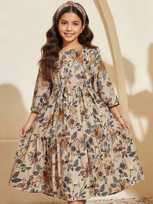 Travachic KIDS Travachic KIDS Váy chữ A xếp lớp cổ tròn tay 3/4 in họa tiết cổ điển cho bé gái tuổi mới lớn - màu nâu - Xem 1