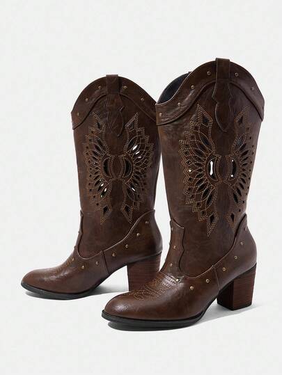 Styleloop 女式尖头粗跟咖啡色镂空刺绣西部靴，中筒靴，高筒靴，美式复古风格，波西米亚风，适合旅行、节日、音乐节、派对、圣诞节、万圣节