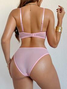 SHEIN Women's Solid Color Spaghetti Strap Hollow Out Bust Design Sweet Lingerie And Panty Set - Pink - View 3