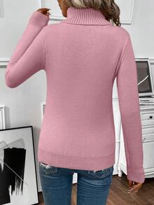 EMERY ROSE Women's Solid Color Turtleneck Long Sleeve Casual Fleece Sweater, Autumn/Winter - Dusty Pink - View 2