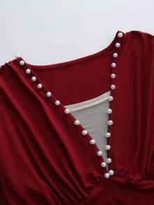 GlowEve V-Neck Pearl Peplum Elegant Romantic Ladies T-Shrit Fall Cloth For Women - Burgundy - View 4