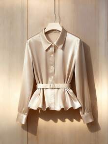 SHEIN Franclia 女士优雅通勤纯色灯笼袖系带衬衫 - 香檳色 - 查看 3