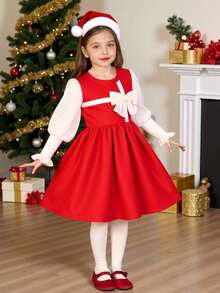 Young Girls' Patchwork Puff Sleeve Dress With 3D Bow Cuff Ruffle Trim, Suitable For Vintage Elegant Daily Wear - Multicolor - View 1