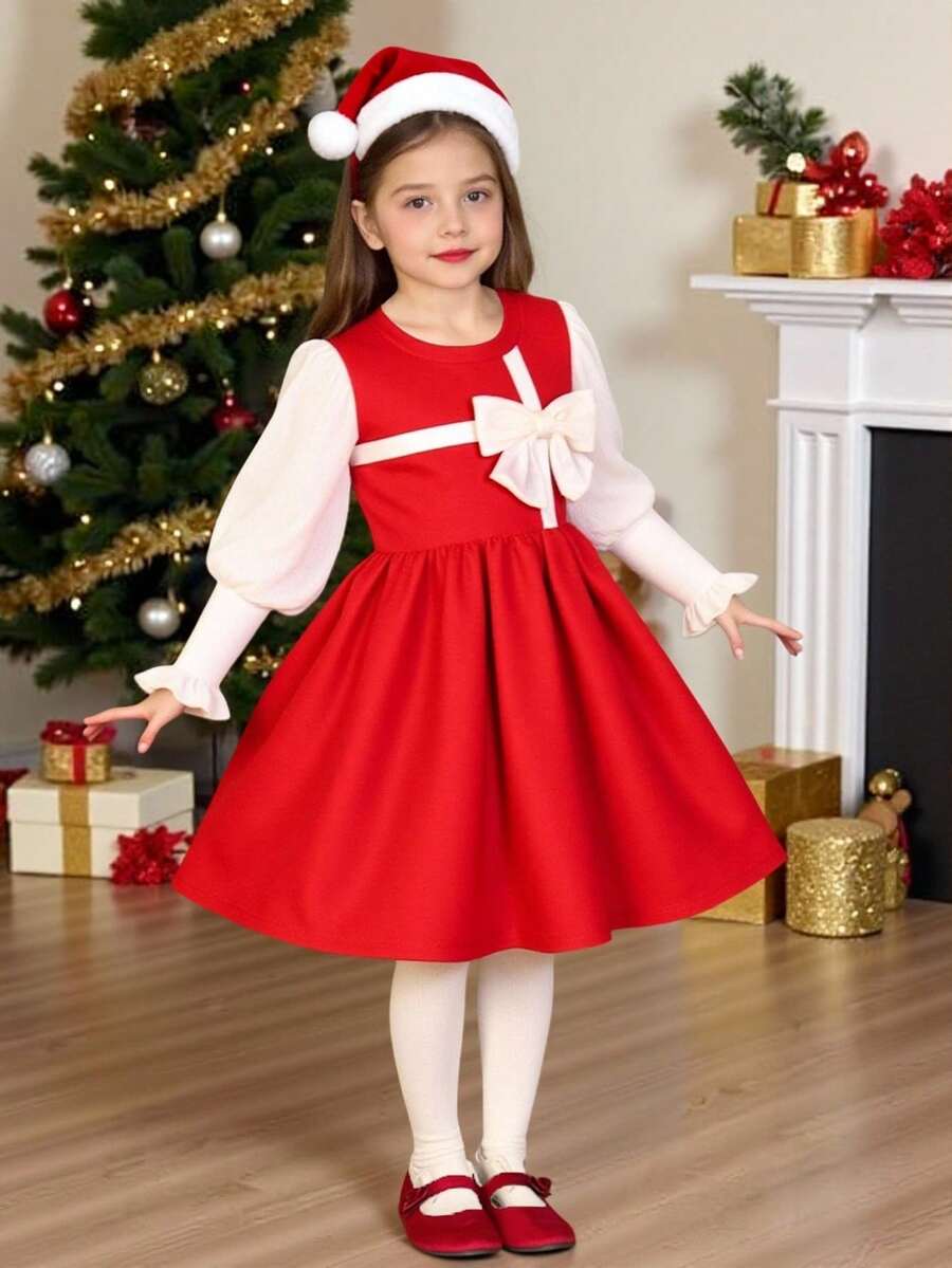 Young Girls' Patchwork Puff Sleeve Dress With 3D Bow Cuff Ruffle Trim, Suitable For Vintage Elegant Daily Wear - Multicolor - View 1