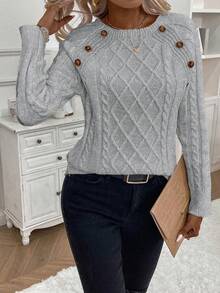 EMERY ROSE 女士纯色圆领插肩袖纽扣设计休闲毛衣，秋冬款 - 淺灰色 - 查看 5