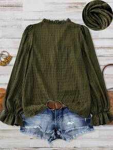 Linhara 大码女式纯色纹理V领荷叶边长袖宽松休闲上衣，面料柔软舒适，适合日常穿着。 - 軍綠色 - 查看 2