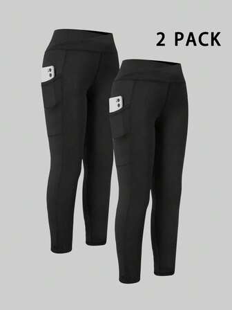 SHEIN Set de 2 pantalones de yoga ajustados para niñas jóvenes, color negro, para fitness, running, ciclismo y moda. Mallas deportivas elásticas con cintura cruzada y bolsillo lateral único